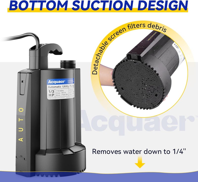 Acquaer Submersible Water Pump 1/3 HP 2160 GPH Sump Pump High Flow Utility Pump Removal for Swimming Pool Cover Hot Tubs Flooded House Basement with 10ft Long Power Cord, 115V Automatic Water Pump - Image 5